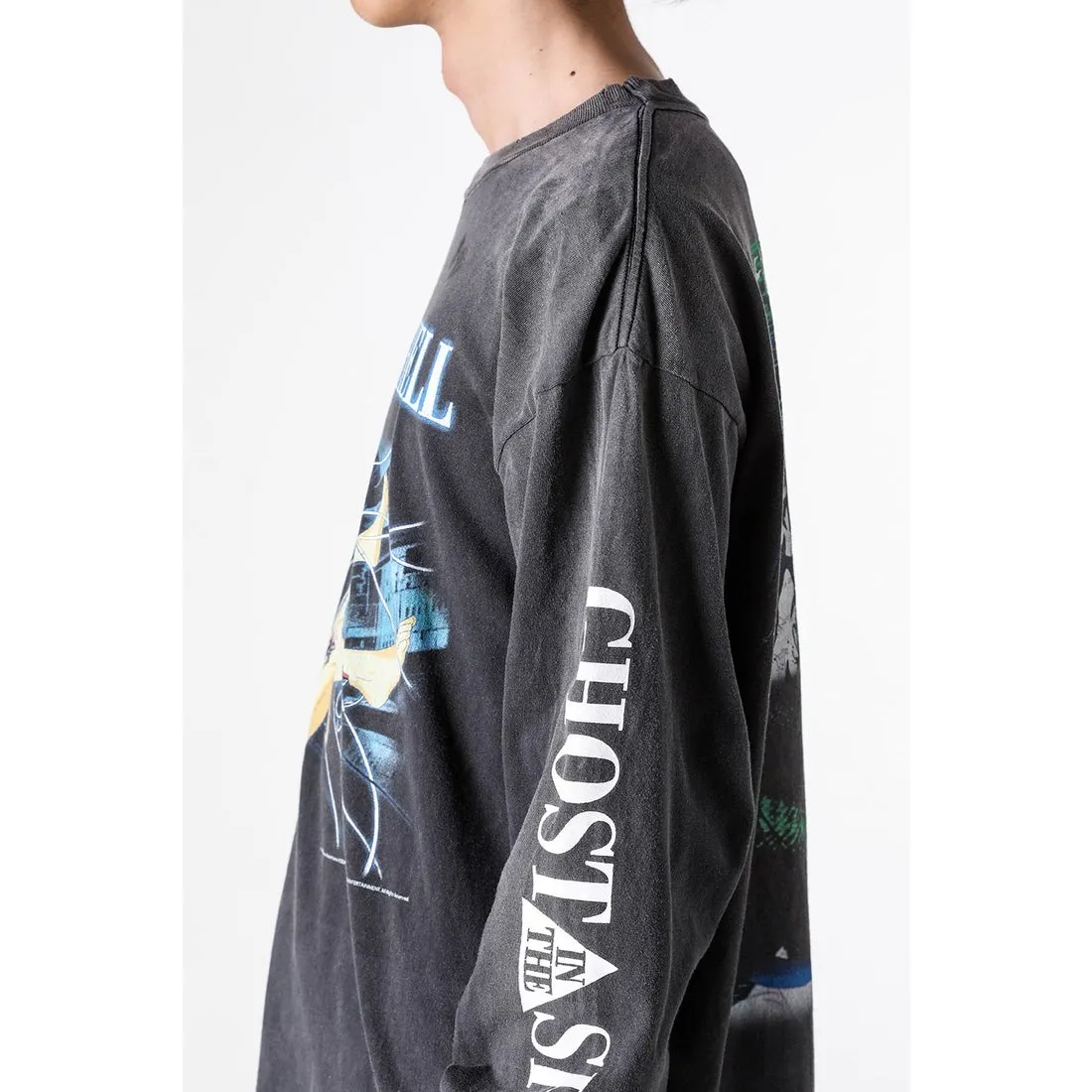 SAINT Mxxxxxx × GHOST IN THE SHELL Ghost in the Shell GS_LS TEE/GITS/BLK Big IP Ghost in the Shell co-branded model Sleeping Motoko Kusanagi Retro distressed long sleeves with holes Washed black S-XL